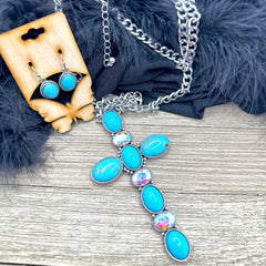 Turquoise  XL Cross Lariat Necklace Set