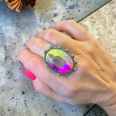 High Glass Oval Iridescent Crystal Cuff Ring