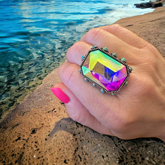 High Glass Iridescent Crystal Cuff Ring