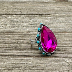 High Glass Fuchsia Teardrop Crystal Cuff Ring