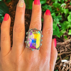 High Glass Iridescent Crystal Cuff Ring