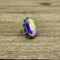 High Glass Oval Iridescent Crystal Cuff Ring