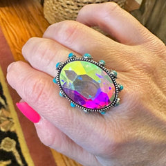 High Glass Oval Iridescent Crystal Cuff Ring