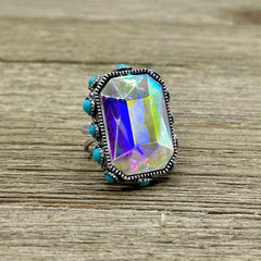 High Glass Iridescent Crystal Cuff Ring