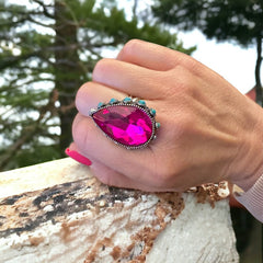 High Glass Fuchsia Teardrop Crystal Cuff Ring