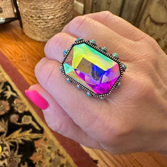 High Glass Iridescent Crystal Cuff Ring