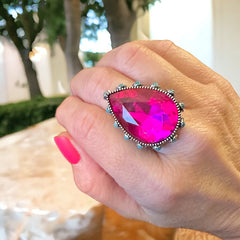 High Glass Fuchsia Teardrop Crystal Cuff Ring