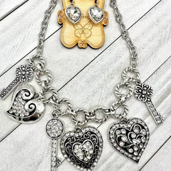 Lock n' Heart & Key Crystal Charms Necklace Set